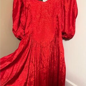 Vintage 80s Bright Red Women's Prom Princess Dress Puff Sleeve Fit and Flair